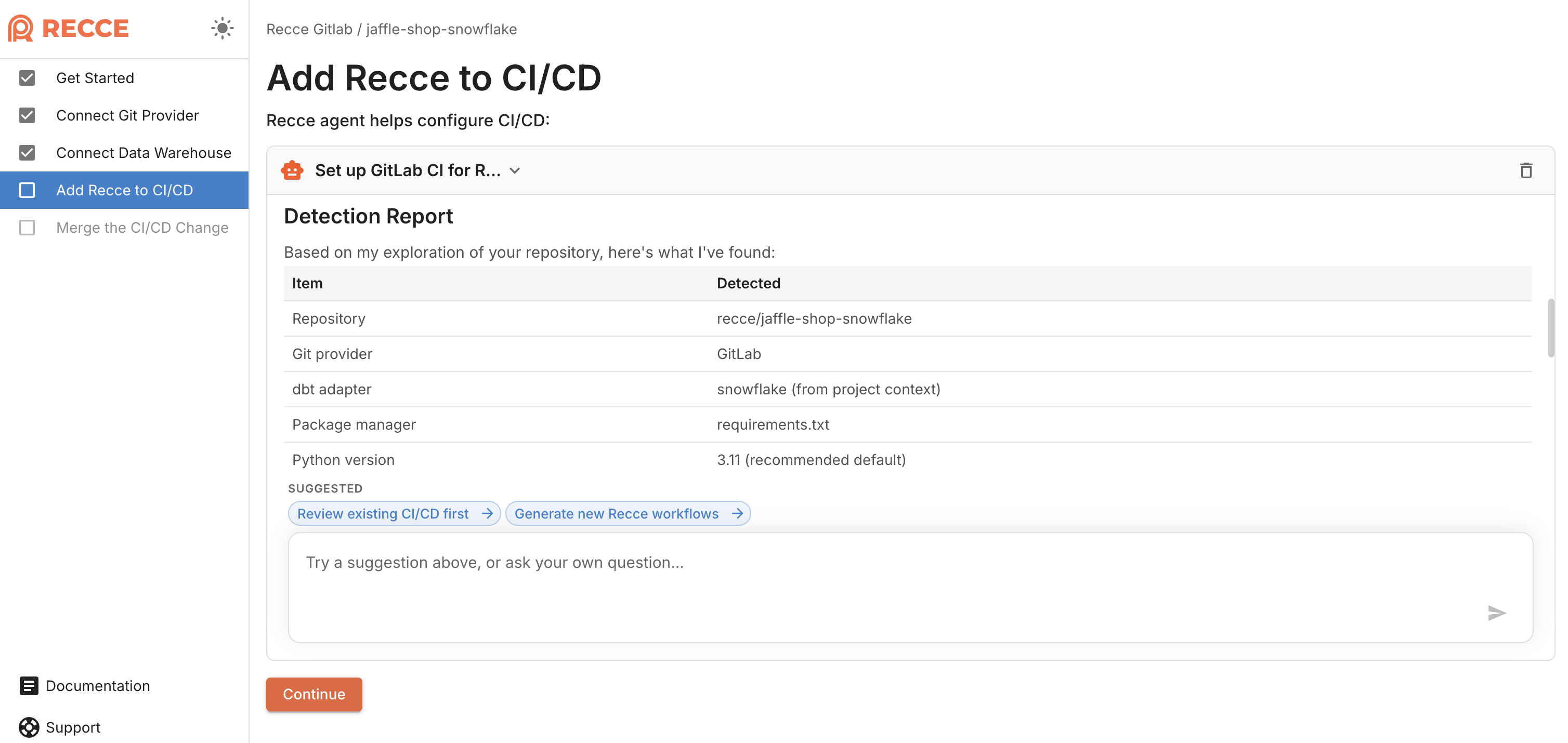 Alt: onboarding panel with AI agent suggestions for CI/CD configuration