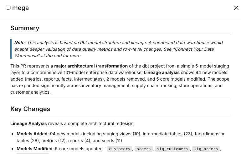 Agent generates summary results for a user without warehouse connection