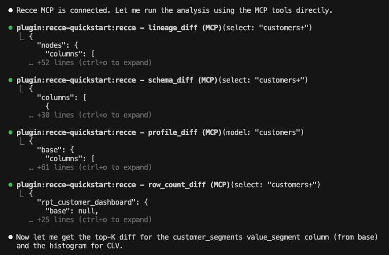 AI agent running value_diff and histogram_diff via MCP in an editor