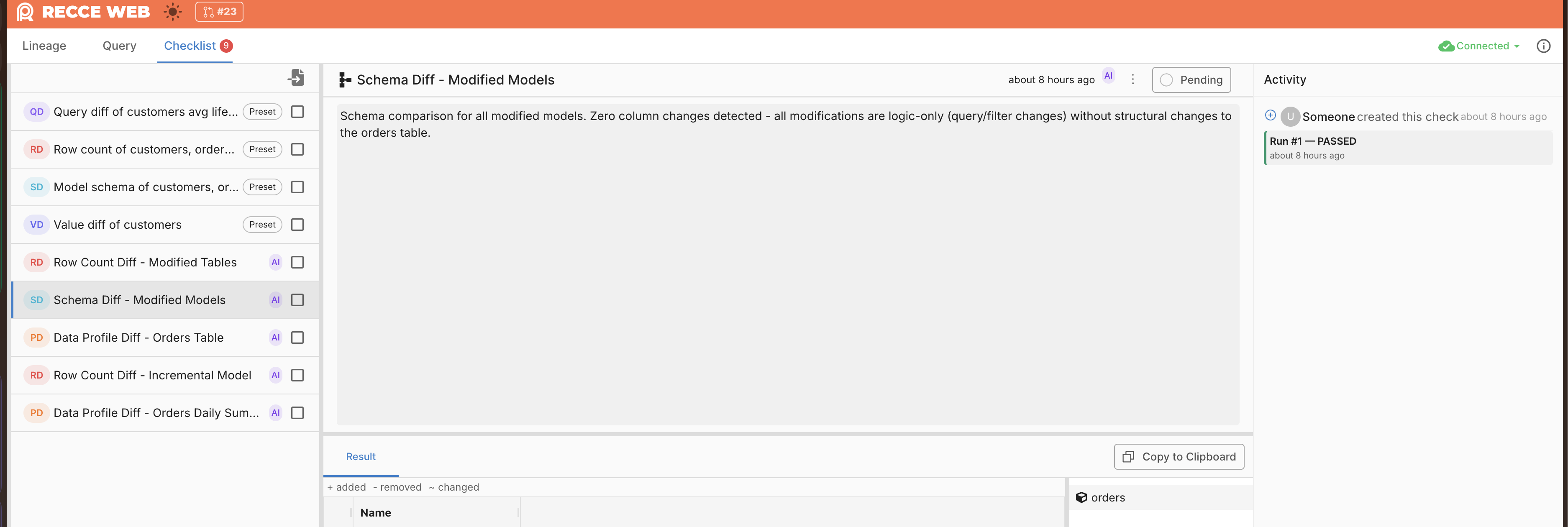 Recce Cloud checklist view with run history and activity panel