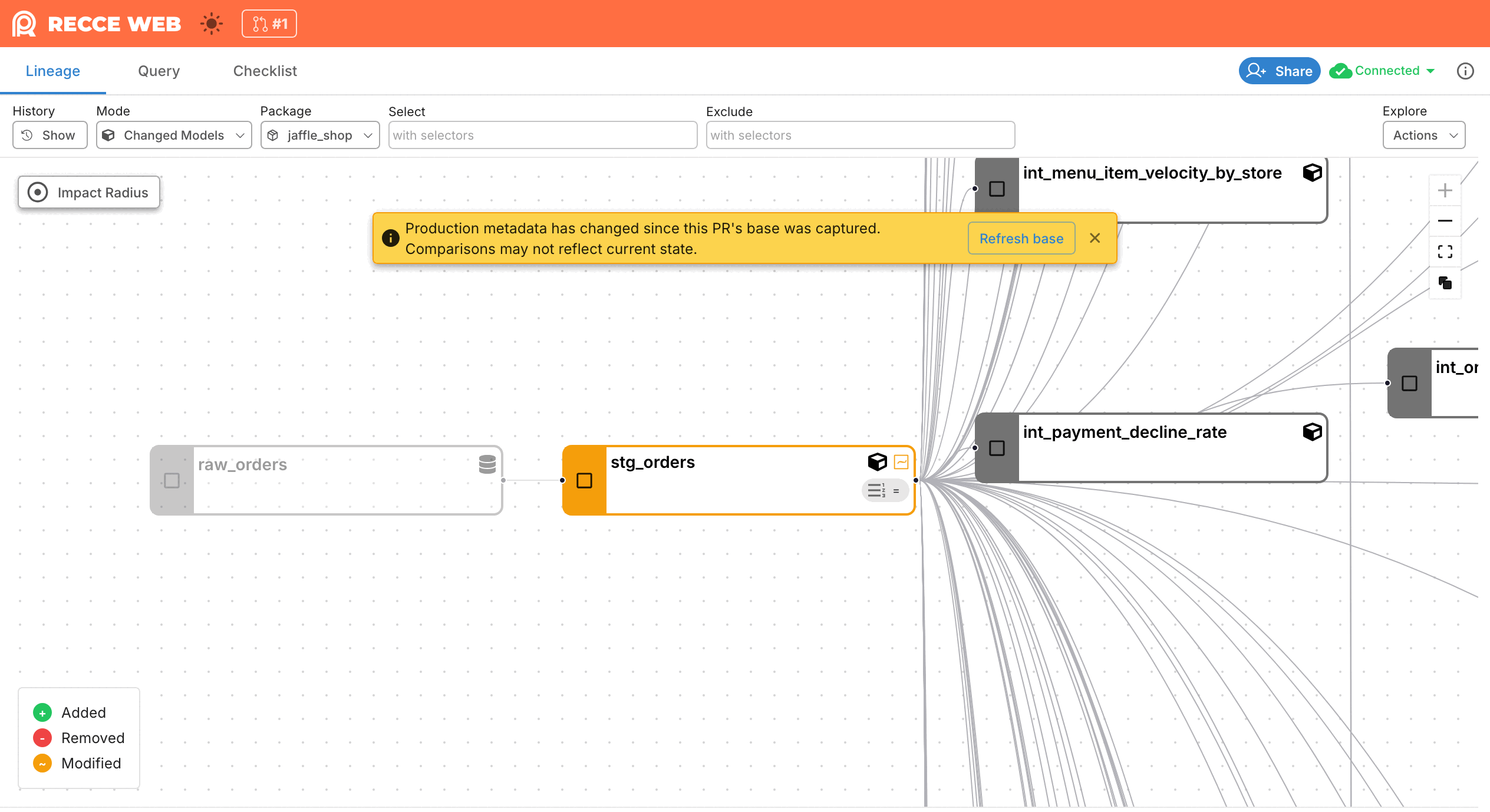 Cloud session view at cloud.reccehq.com/launch/<sessionId> with a yellow overlay card announcing metadata drift, plus a Refresh base button, floating above the lineage canvas