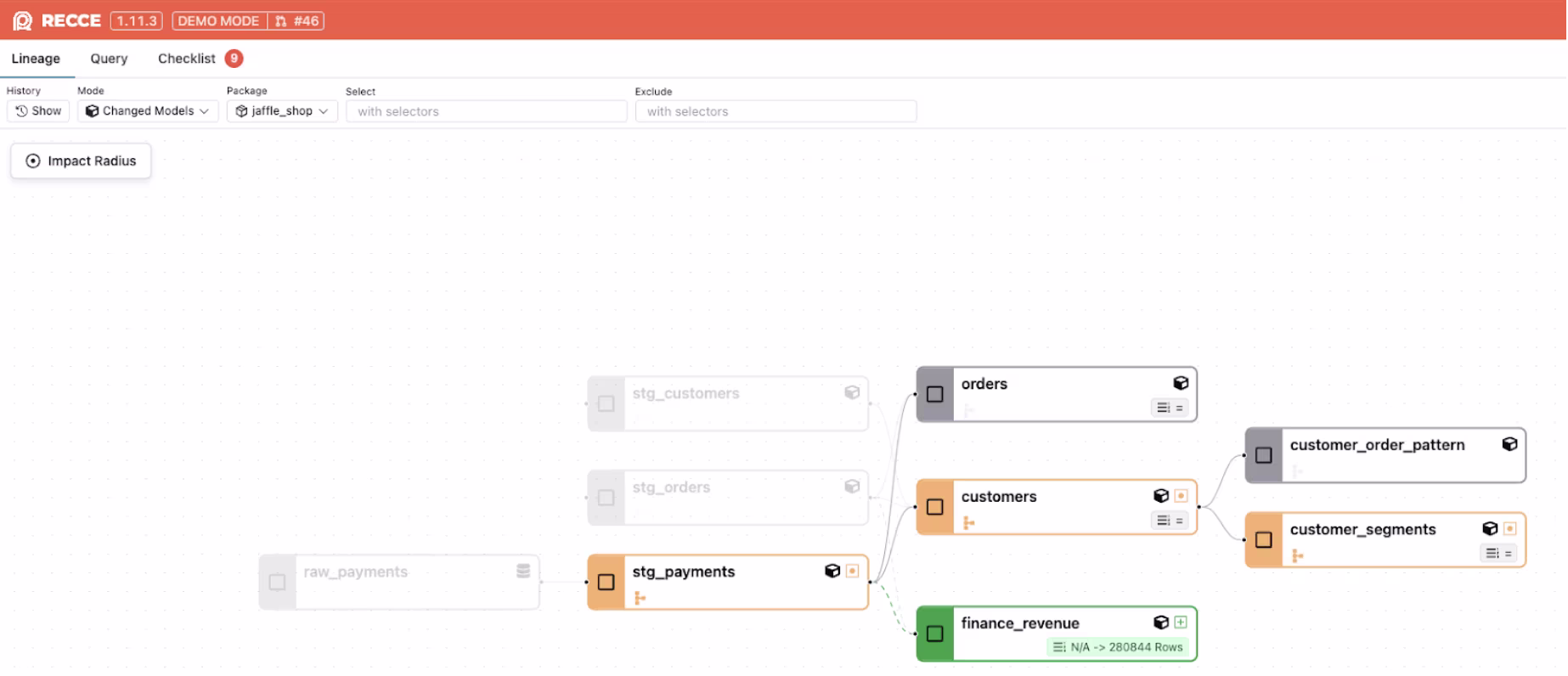 Lineage diff in Recce demo project